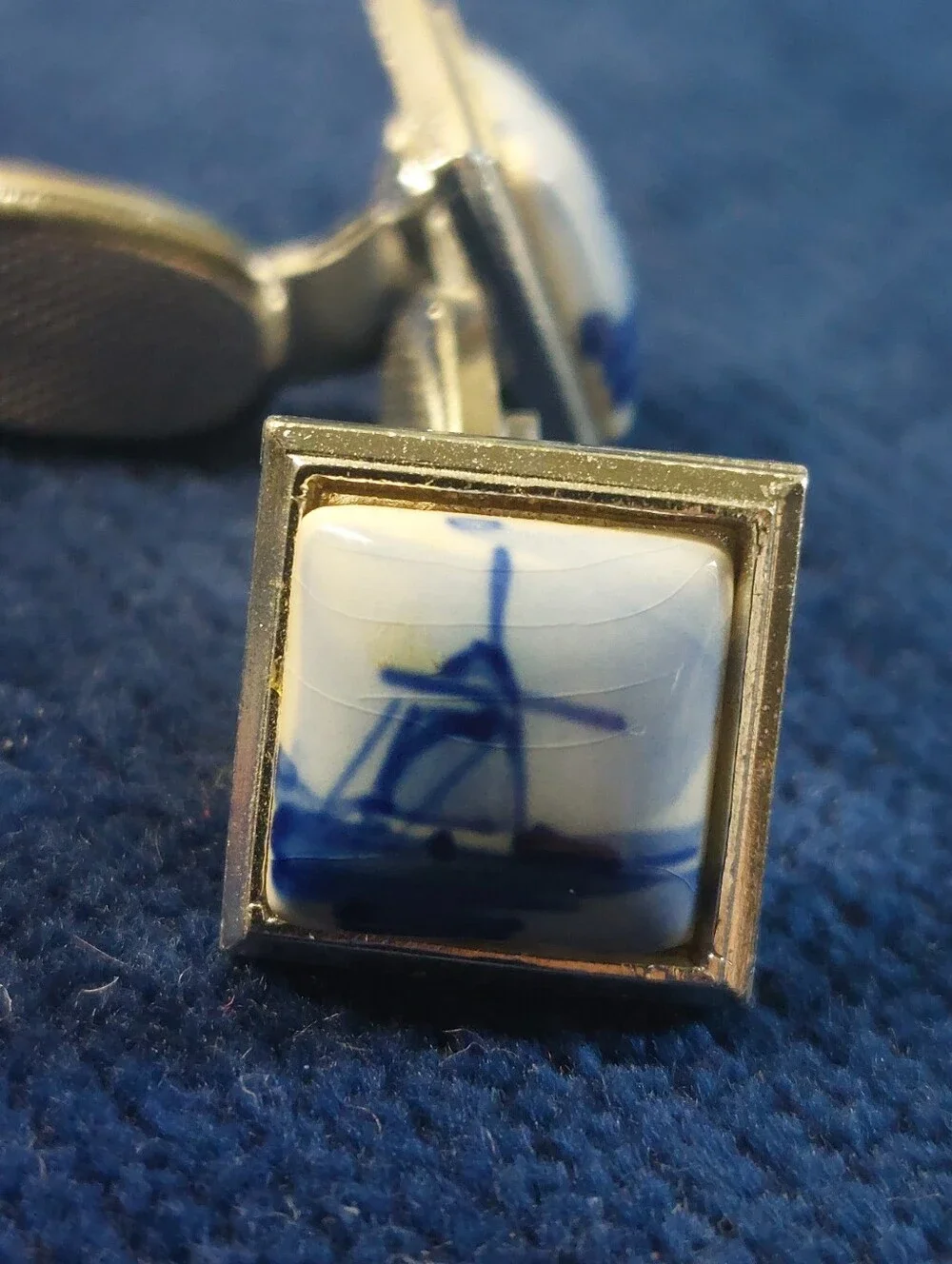 Mid-Century Delft Blue Hand-Painted Silvertone Cufflinks, Estate Jewelry